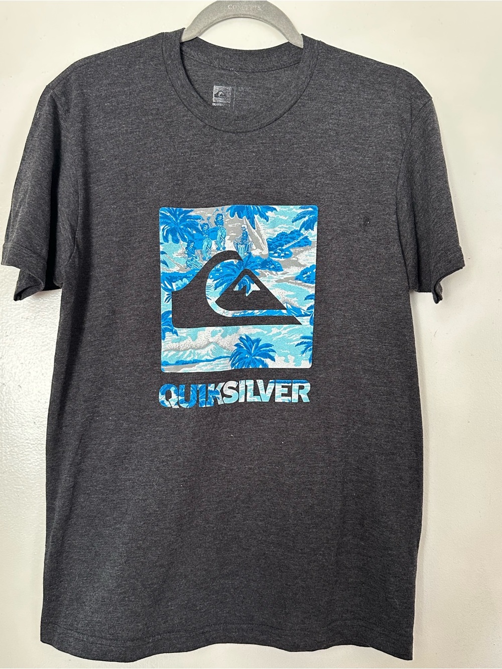 Quiksilver Charcoal Short-Sleeve Tee with Blue Tropical Logo